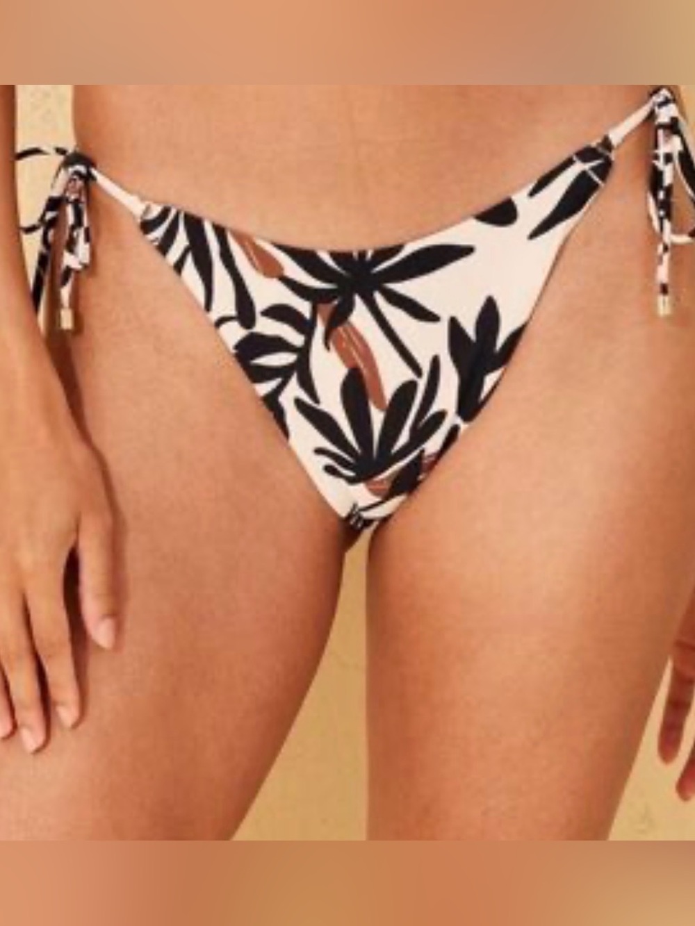 Shade & Shore Cream Bikini Bottom with Black and Brown Leaf Print
